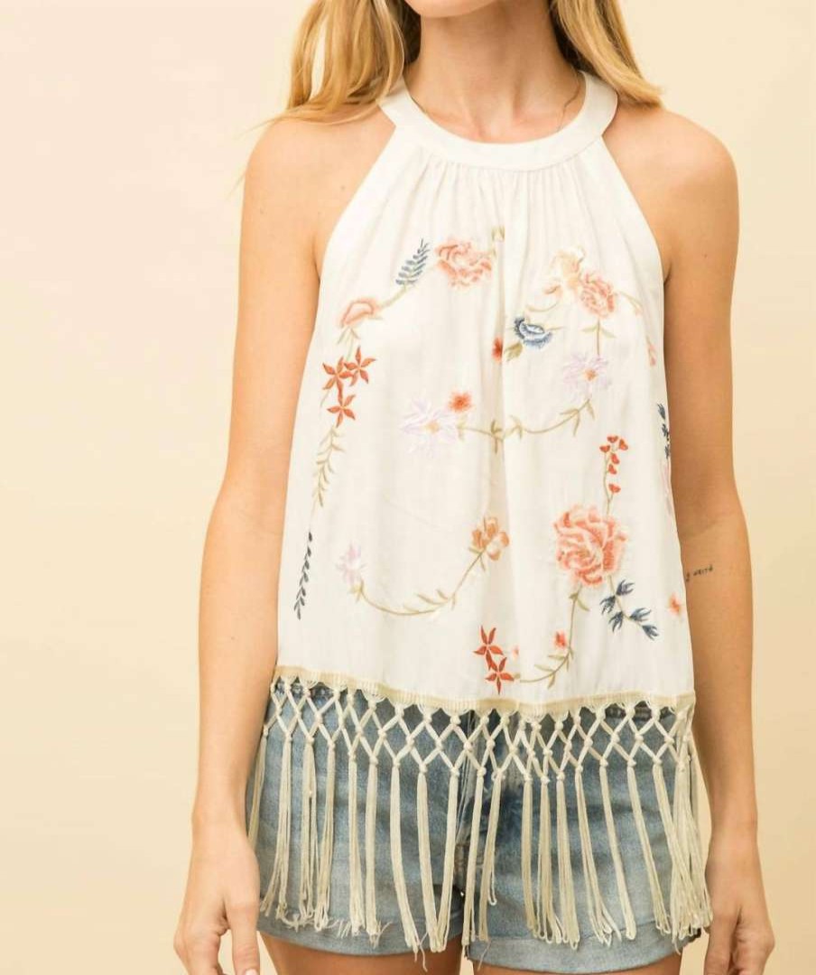 Clothing * | Mystree Tassel Bottom Embroidered Halter Top In Women Cream