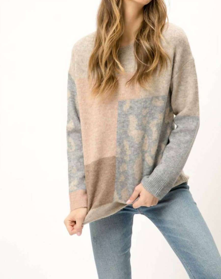 Clothing * | Mystree Leopard Patchwork Pullover Sweater In Women Taupe Mix