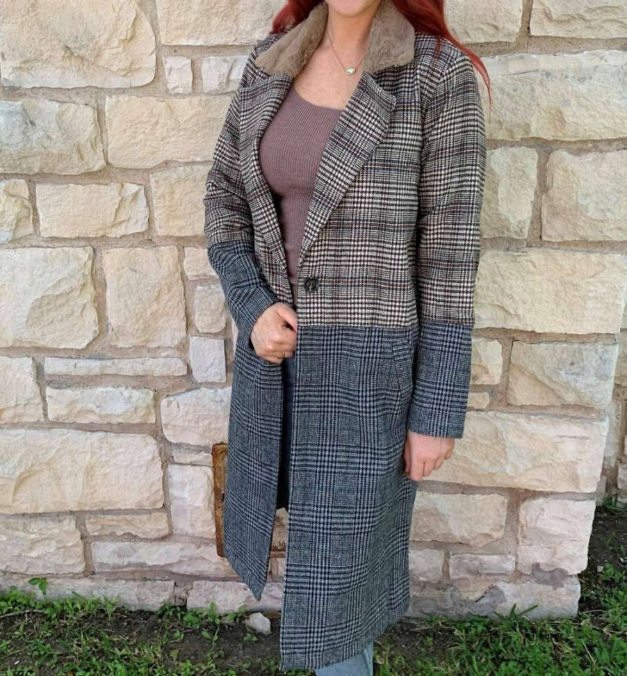 Clothing * | Mystree Plaid Fur Collar Coat In Women Taupe/Grey