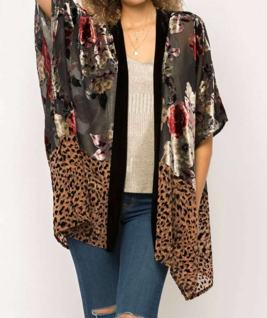 Clothing * | Mystree Leopard And Rose Burnout Velvet Kimono In Women Multi