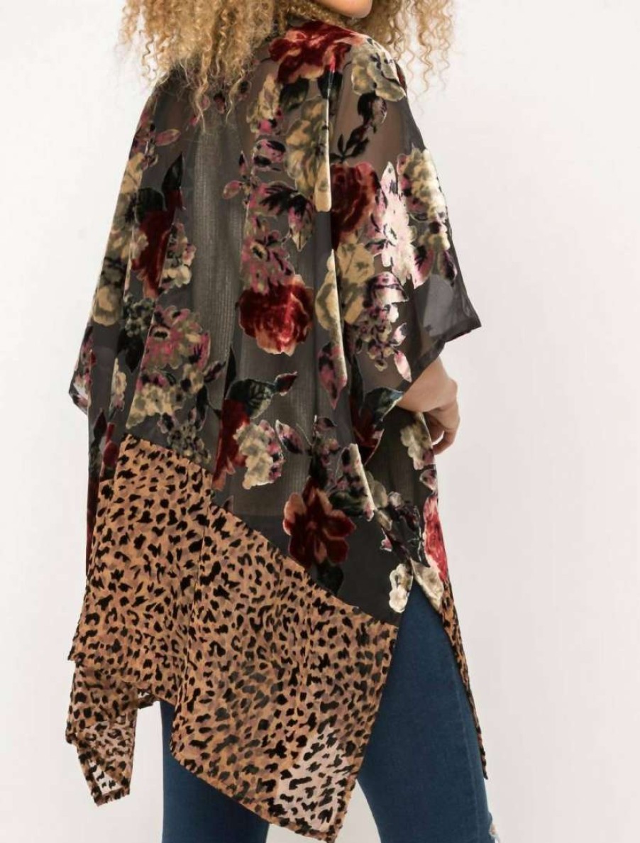 Clothing * | Mystree Leopard And Rose Burnout Velvet Kimono In Women Multi