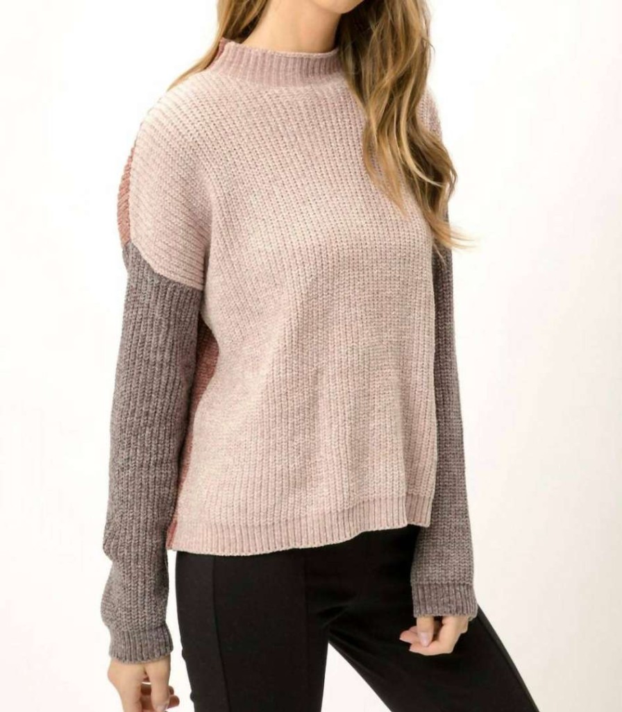 Clothing * | Mystree Mock Neck Colorblock Sweater In Women Rose Grey Mix