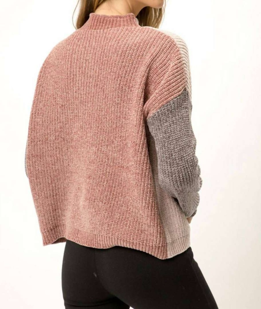 Clothing * | Mystree Mock Neck Colorblock Sweater In Women Rose Grey Mix