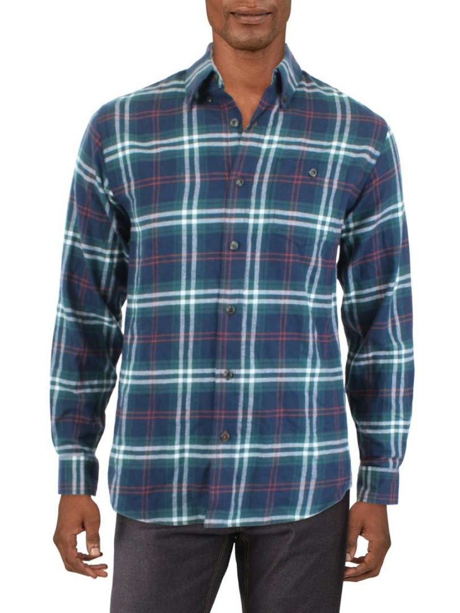 Clothing * | Weatherproof Mens Flannel Plaid Button-Down Shirt Navy/Green Plaid