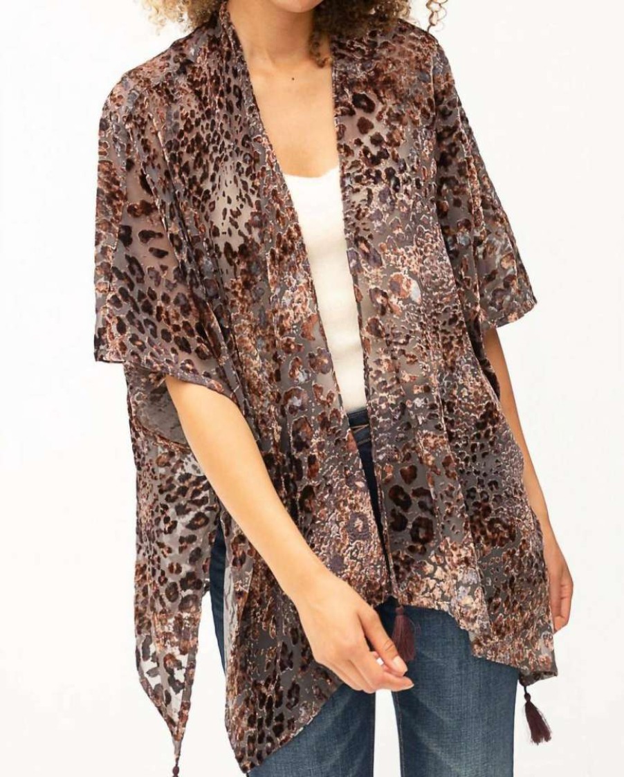 Clothing * | Mystree Burnout Velvet Leopard Kimono In Women Brown