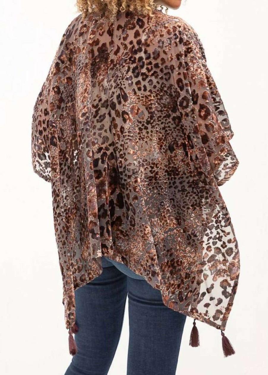 Clothing * | Mystree Burnout Velvet Leopard Kimono In Women Brown