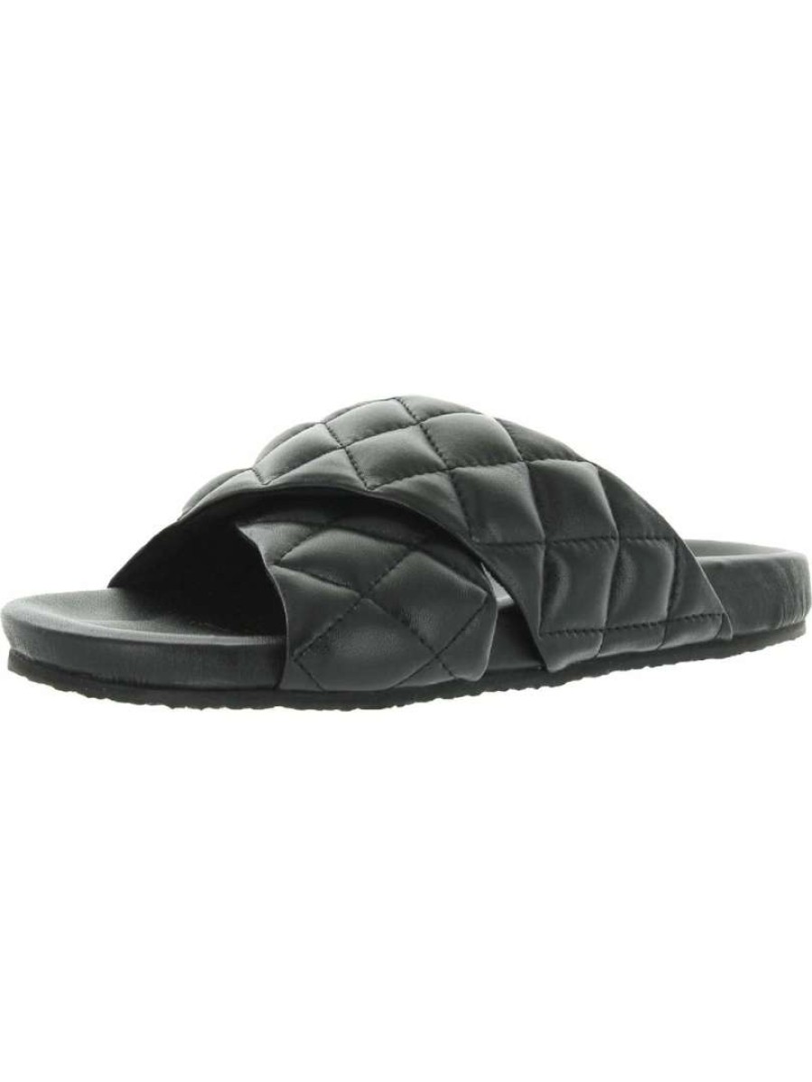 Shoes * | Seychelles Wide Awake Womens Leather Quilted Slide Slippers Black Leather