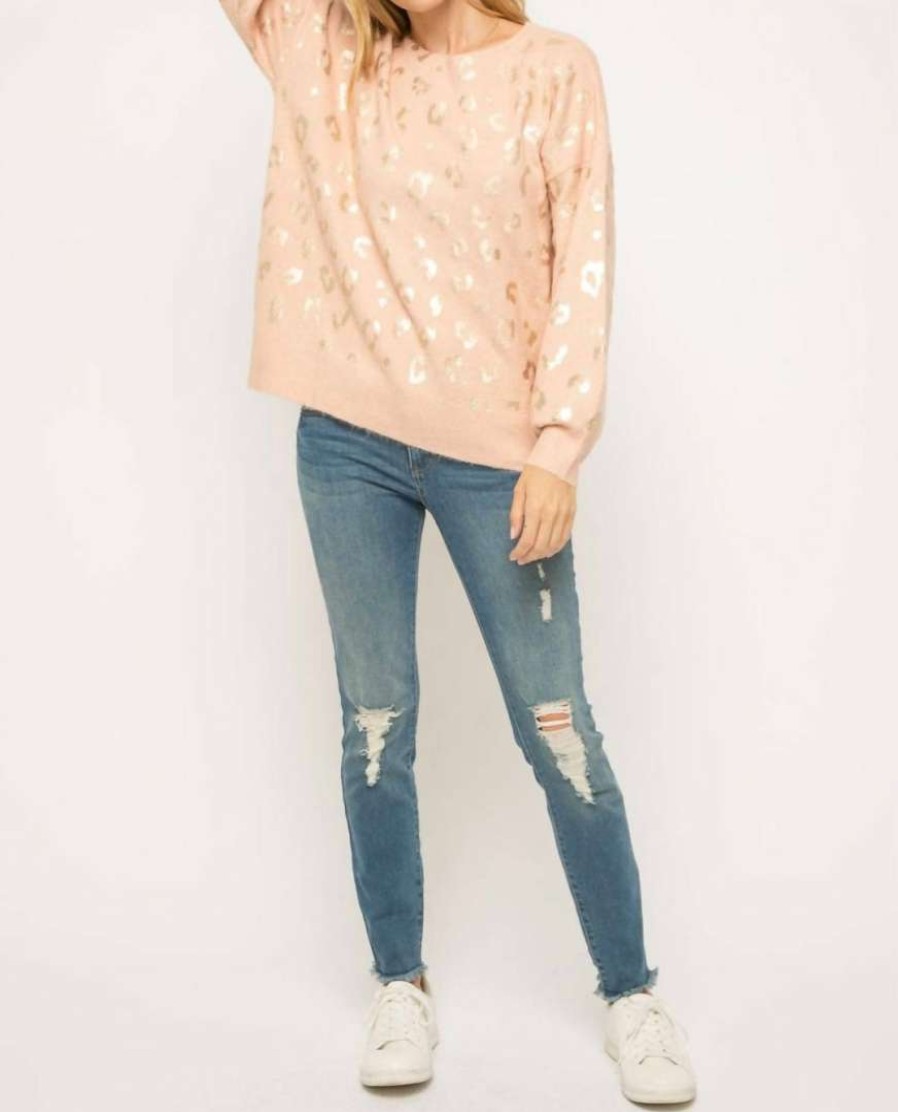 Clothing * | Mystree Shiny Gold Leopard Sweater In Women Blush